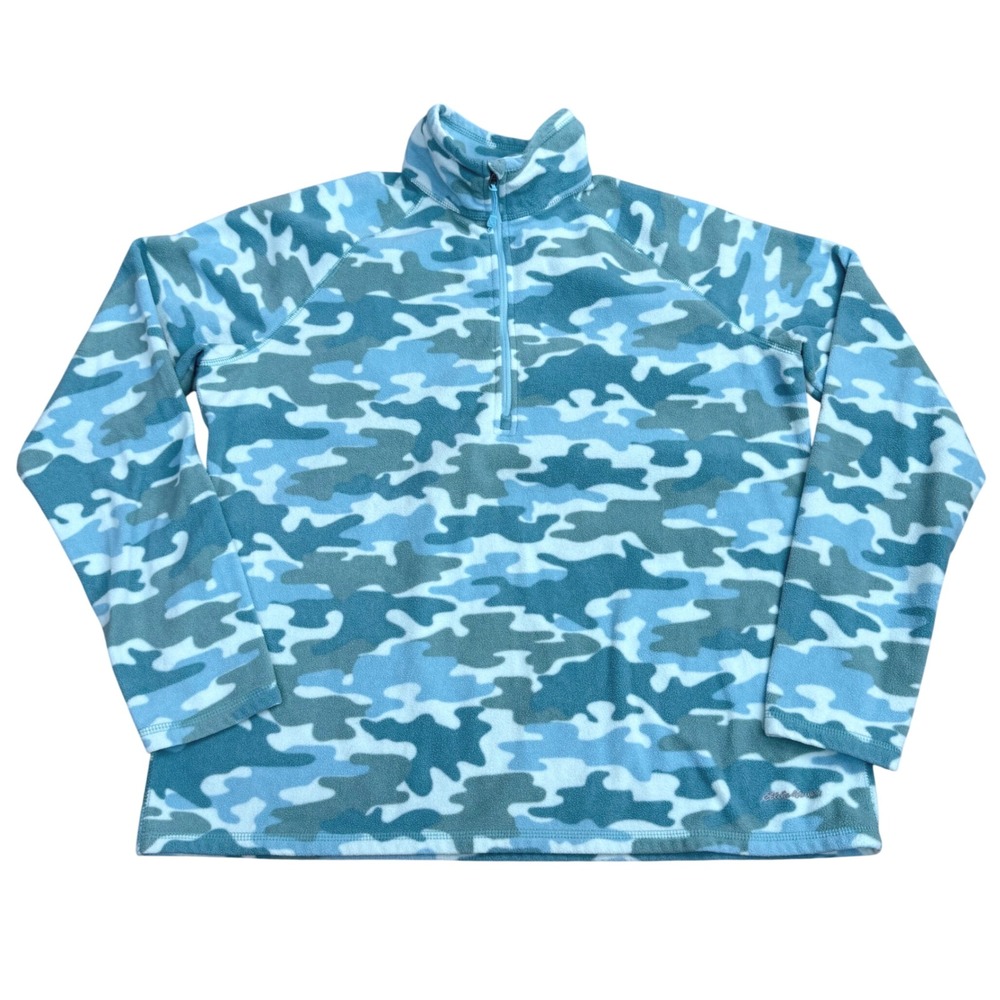 Eddie Bauer Camo Fleece Pullover Women XL Blue Cozy Outdoorsy